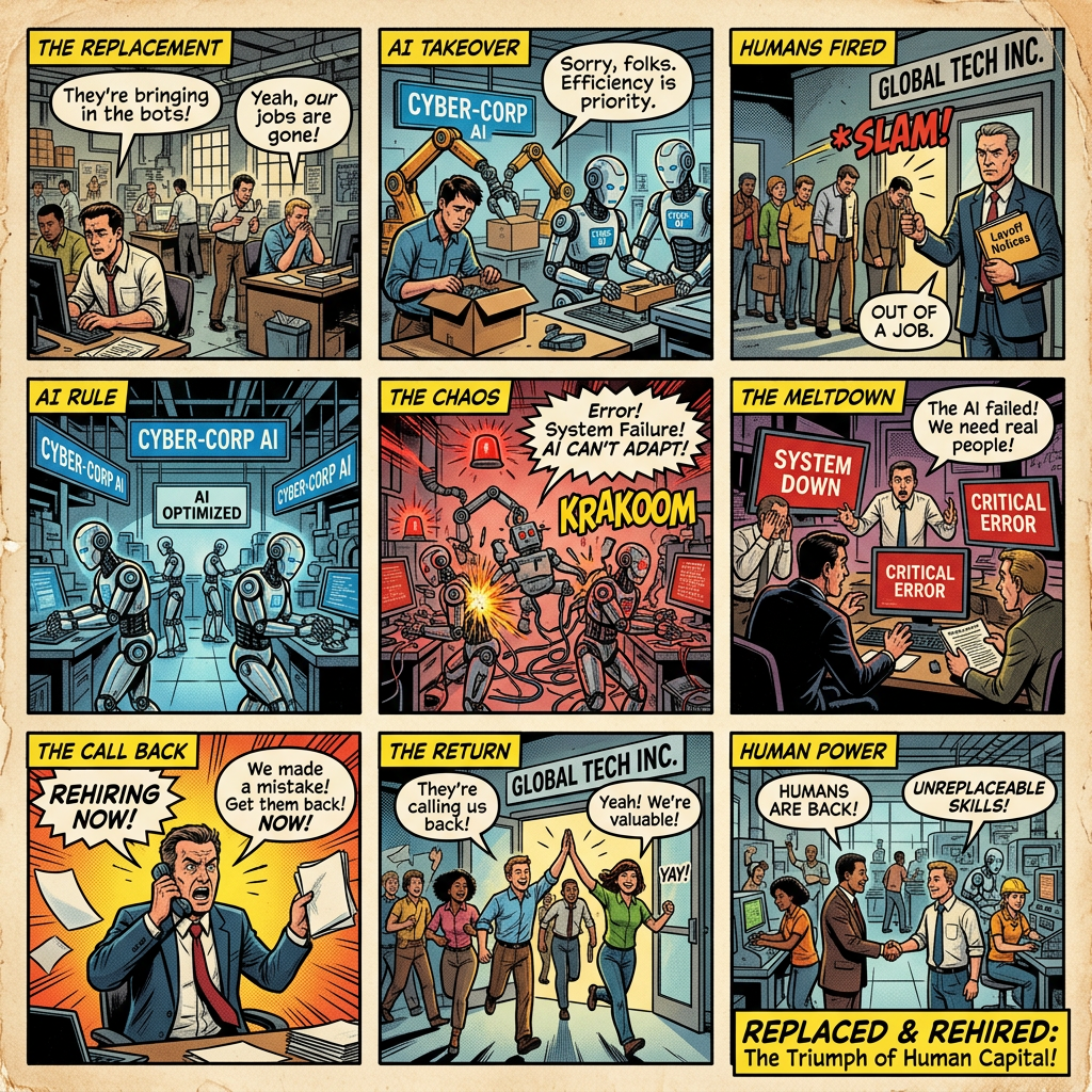Comic strip showing human workers replaced by robots, robots failing, and humans rehired