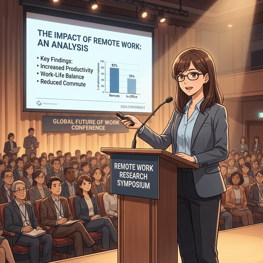 Woman presenting remote work research at conference