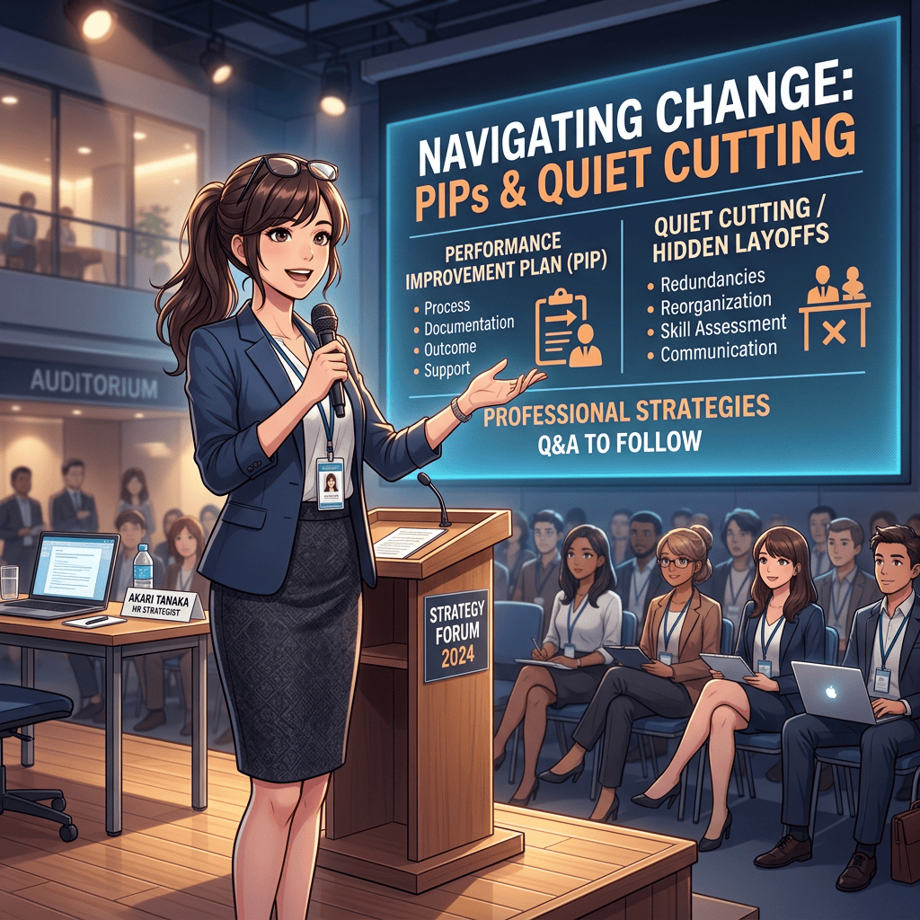 Professional woman presenting about PIPs and quiet cutting