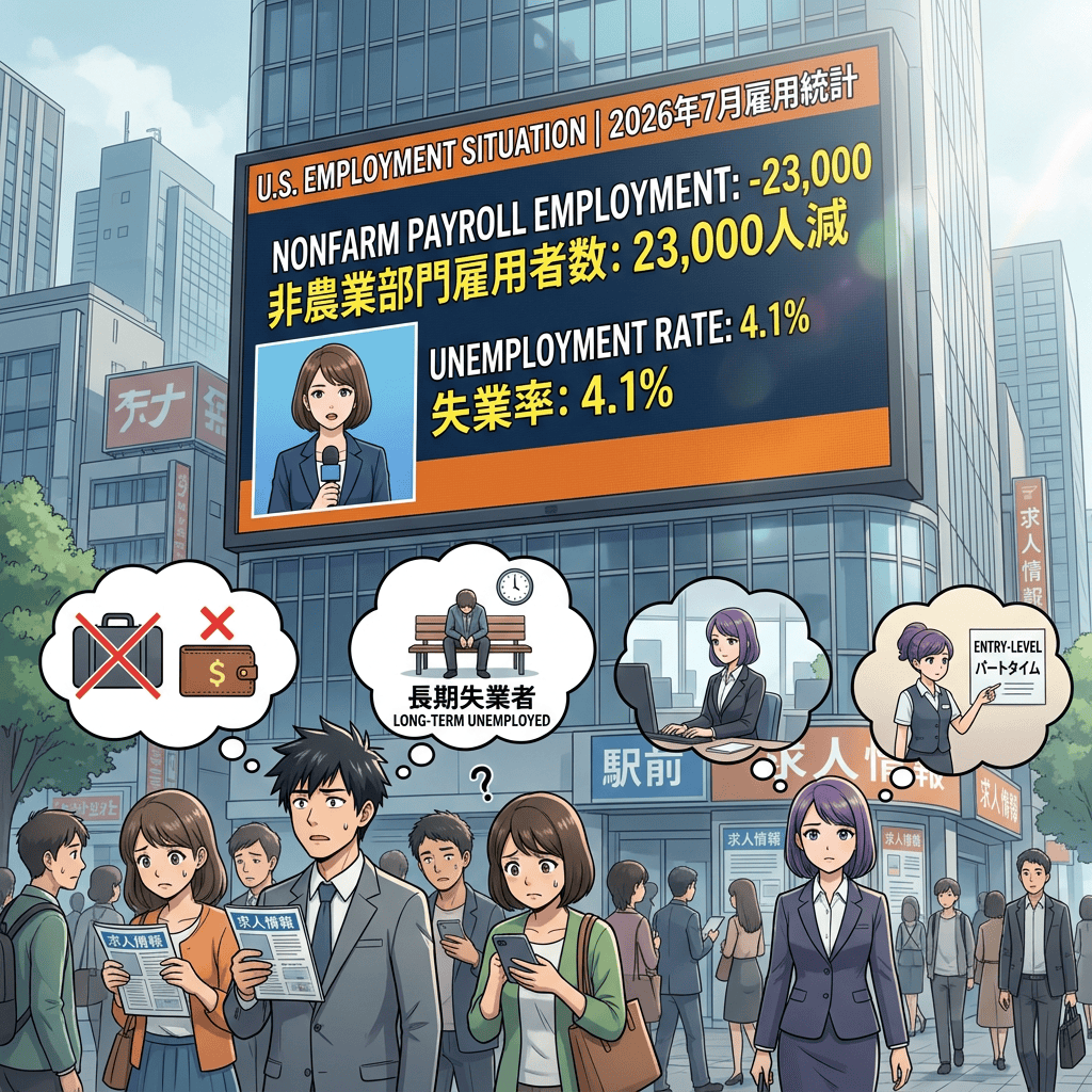 Illustration showing U.S. payroll employment down 23,000 and unemployment at 4.1 percent
