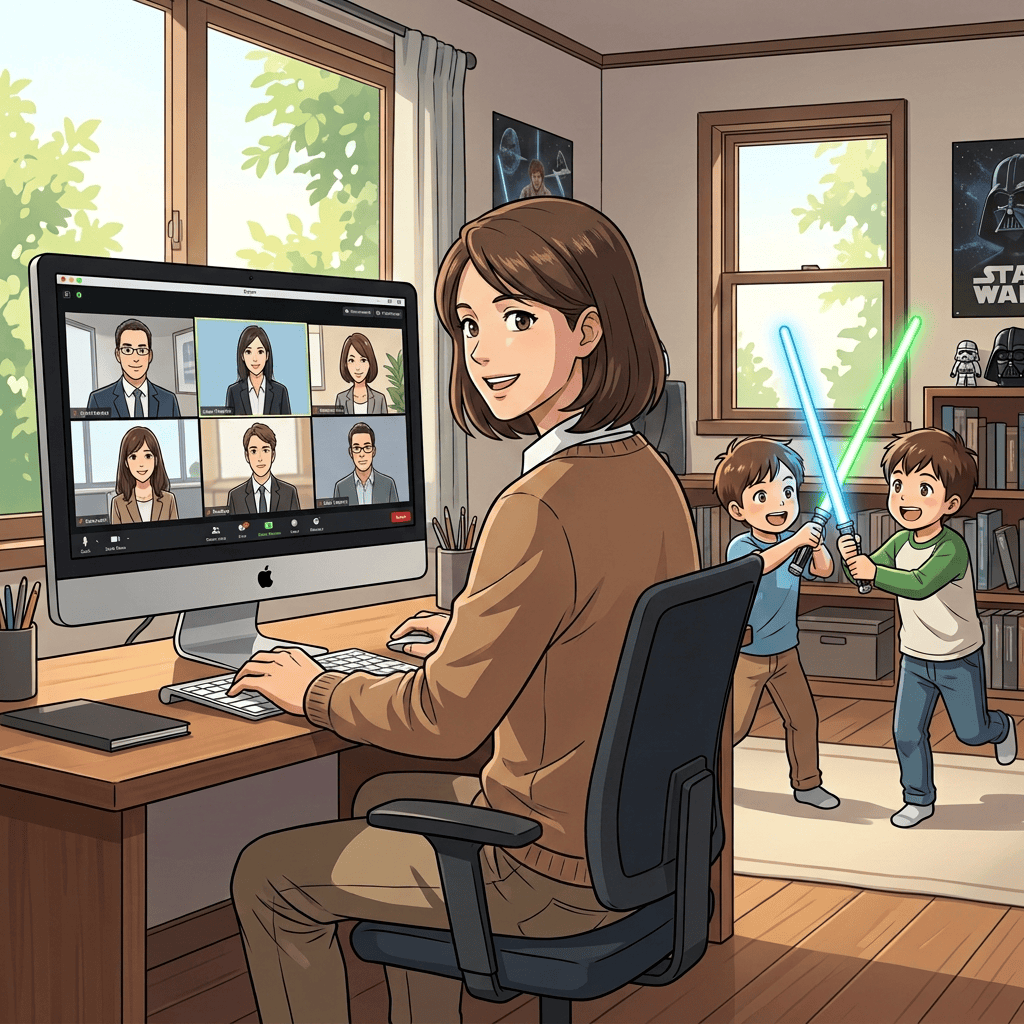 Woman representing remote work and family presence