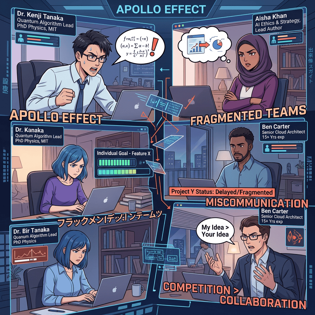 Infographic titled Apollo Effect comparing teamwork, fragmented teams, miscommunication, and competition over collaboration