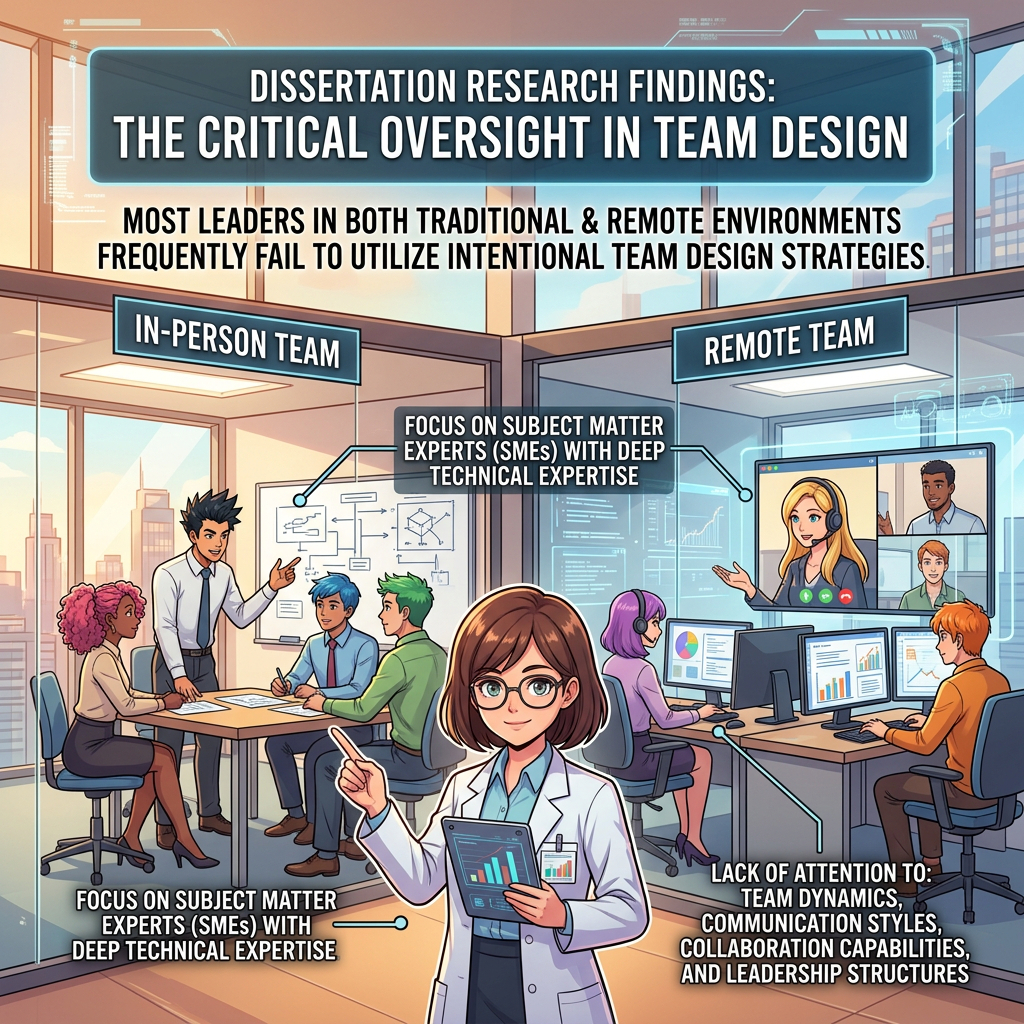Dissertation Research Findings: The Critical Oversight in Team Design. Most leaders in both traditional and remote environments frequently fail to utilize intentional team design strategies. In-person Team. Remote Team. Focus on subject matter experts (SMEs) with deep technical expertise. Lack of attention to: team dynamics, communication styles, collaboration capabilities, and leadership structures.