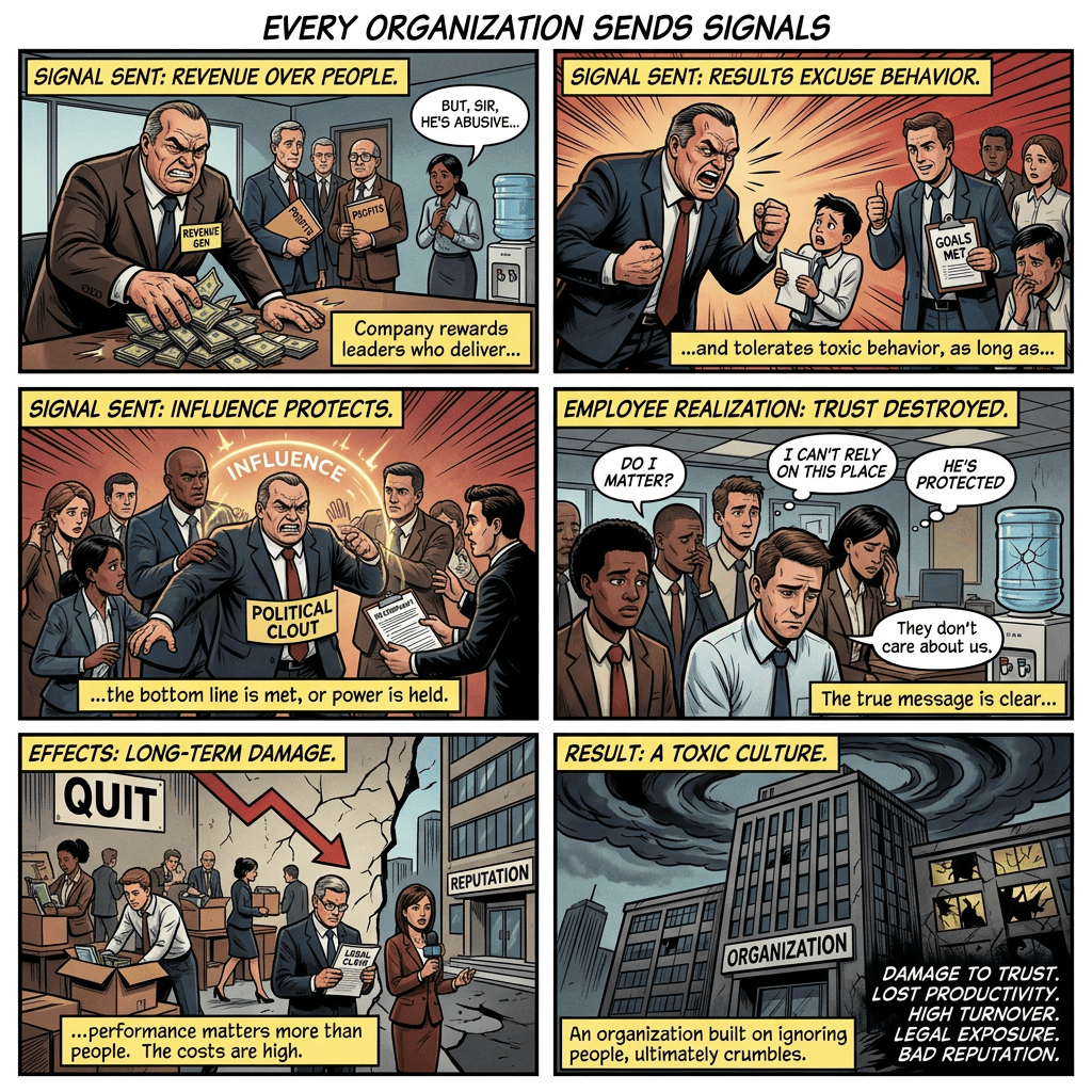 Comic showing workplace favoritism leading to distrust, resignations, and a toxic organizational culture