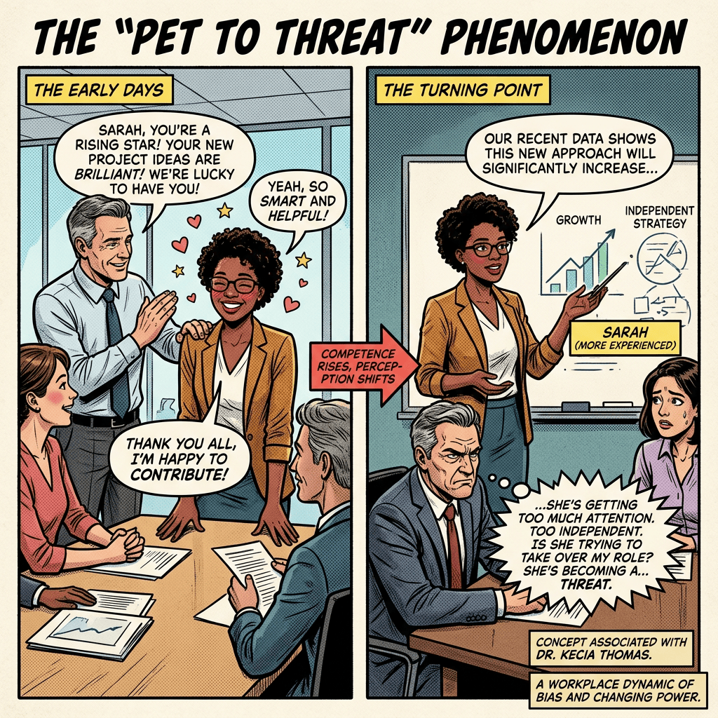 Comic titled THE "PET TO THREAT" PHENOMENON. THE EARLY DAYS: Sarah is praised as a rising star, smart, helpful, and happy to contribute. COMPETENCE RISES, PERCEPTION SHIFTS. THE TURNING POINT: data shows a new approach will increase growth; Sarah presents an independent strategy and is labeled more experienced. A colleague thinks, "She's getting too much attention. Too independent. Is she trying to take over my role? She's becoming a... threat." CONCEPT ASSOCIATED WITH DR. KECIA THOMAS. A WORKPLACE DYNAMIC OF BIAS AND CHANGING POWER.