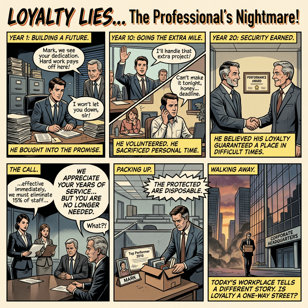 Comic titled “LOYALTY LIES... The Professional’s Nightmare!” showing Mark building a career, volunteering extra time, earning recognition, being laid off, packing up, and walking away from corporate headquarters.