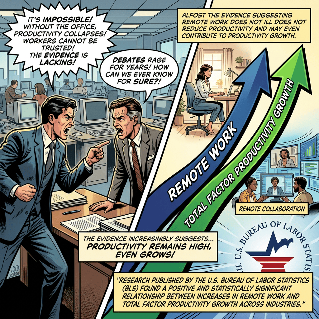 Comic infographic: office debate versus remote work productivity growth, citing U.S. Bureau of Labor Statistics research.