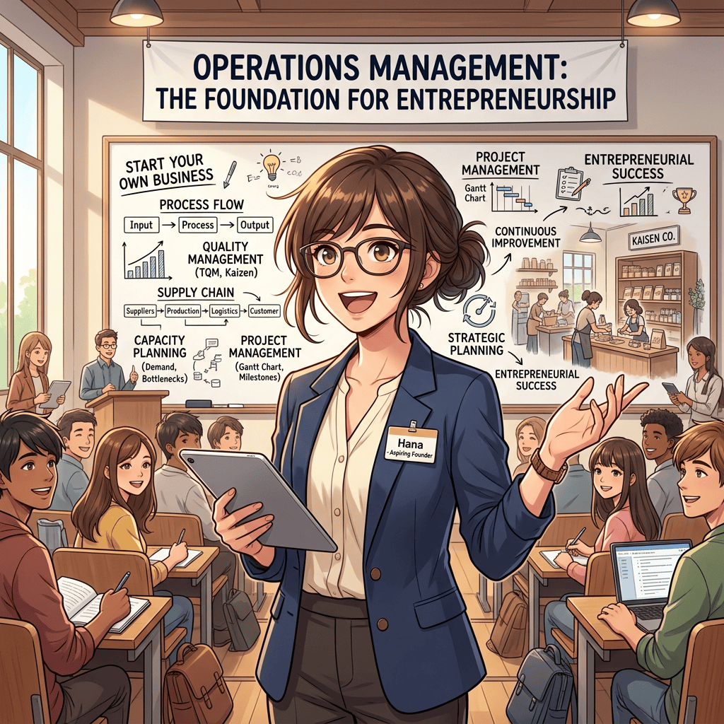 Operations Management: The Foundation for Entrepreneurship; aspiring founder Hana presents process flow, quality, supply chain, capacity, project management, continuous improvement, strategic planning, and entrepreneurial success.