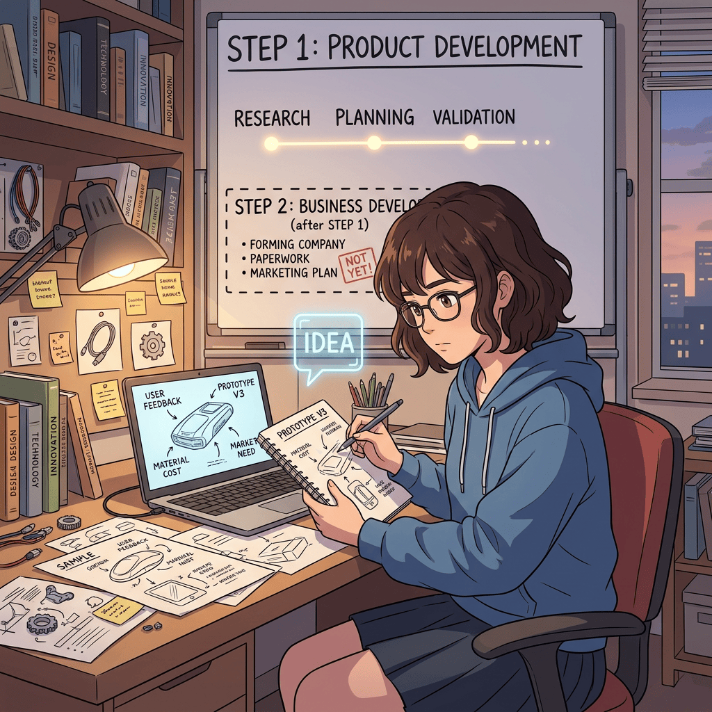Illustration of designer developing prototype beside boards labeled Step 1 Product Development and Step 2 Business Development