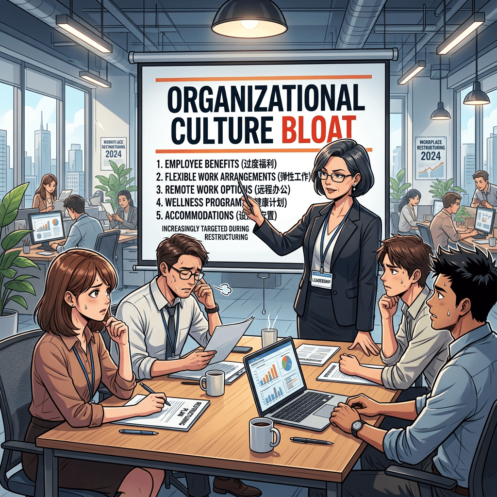 Presentation titled “Organizational Culture Bloat” lists benefits, flexible work, remote options, wellness, and accommodations.