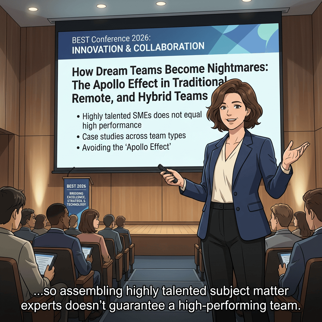 Conference slide reads “How Dream Teams Become Nightmares: The Apollo Effect in Traditional, Remote, and Hybrid Teams,” with bullets about talent, case studies, and avoiding the Apollo Effect; a speaker addresses the audience.
